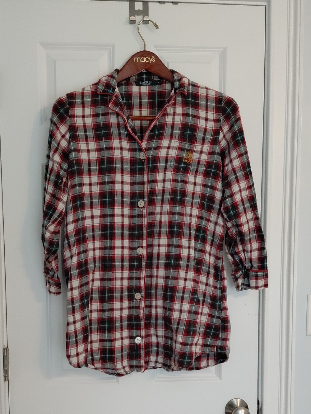 Ralph Lauren Green and Red Plaid Button Front Pajama Shirt, Size L